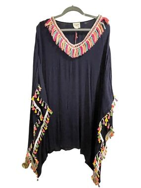 NWT Hayden Los Angeles Navy Tassel Boho Beach Cover-up Festival Poncho 1X/2X